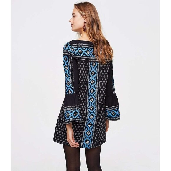 "LOFT" MULTICOLOR MEDALLION TRIBAL BOHO BELL SLEEVE SHIFT MINI DRESS SZ:  SP NWT - Picture 2 of 6